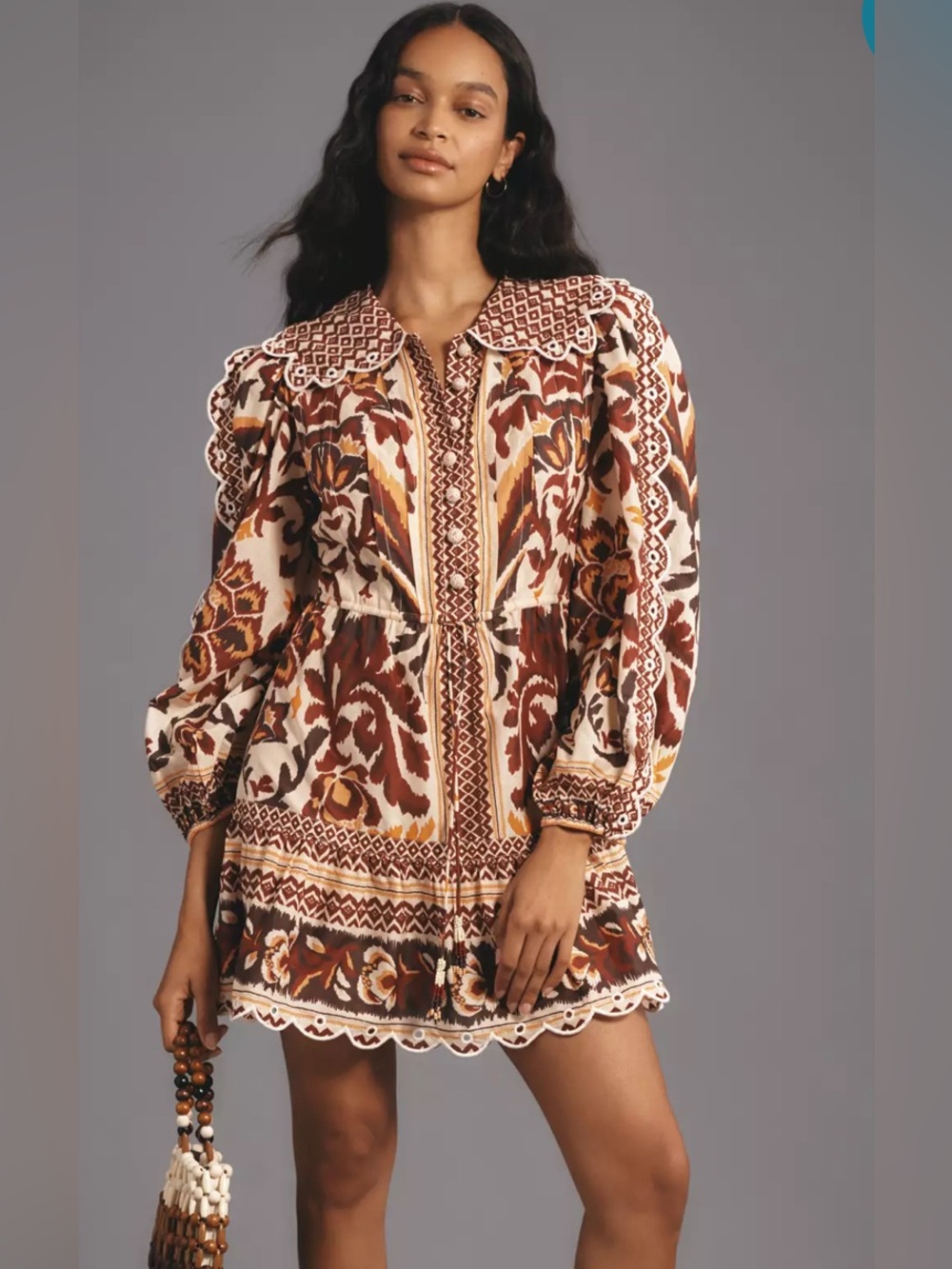 Farm Rio Brown Floral Long Sleeve Mini Dress Large Neutral Earthy Print Large